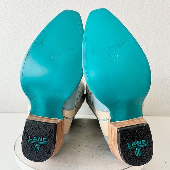 Stylish Cream and Blue Heeled Boots - Picture 9 of 12